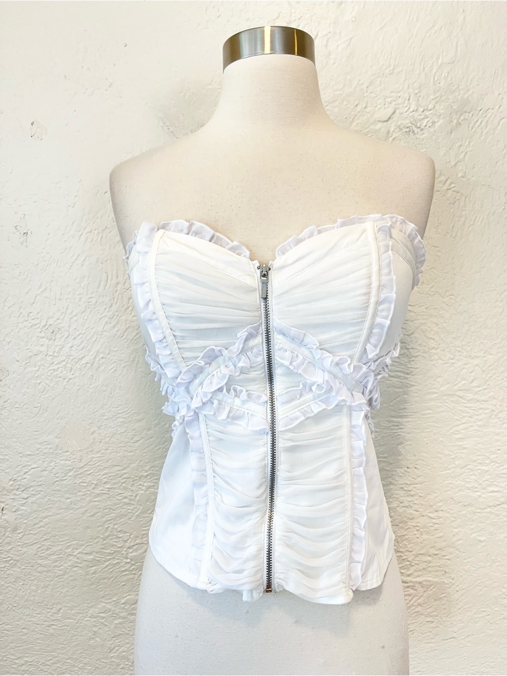 bebe White Ruffled Strapless Zip-Front Crop Top